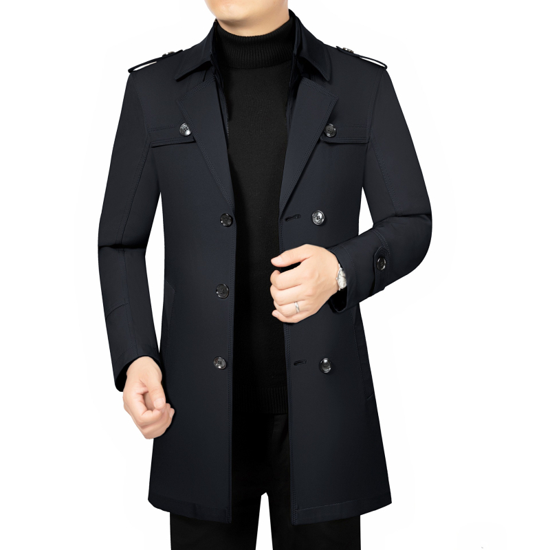 Férfi középhosszú dzseki reveres gallérral, cipzáras zárás, egyszínű pamut-poliészter anyag, cipzáras zsebek, tavasz-ősz, szabadidő/üzleti stílus