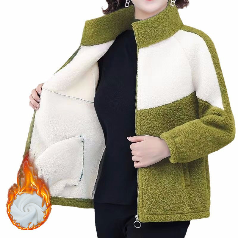 Palton căptușit cu fleece gros, croială lejeră, guler înalt, fermoar, poliester