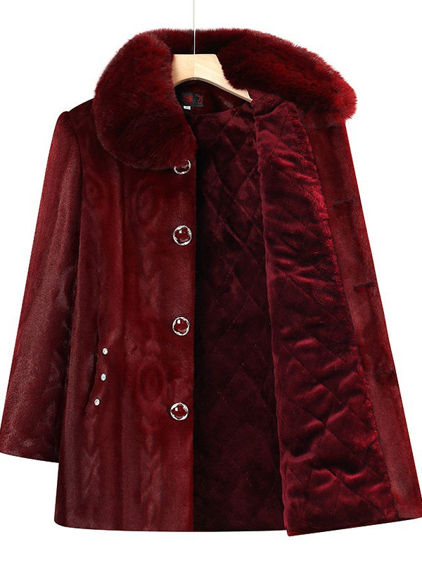 Palton de iarnă pentru femei de vârstă mijlocie și în vârstă, cu căptușeală de fleece, model geometric, stil casual, compoziție: spandex 80–90% + poliester 80–90%, lungime medie 50–65 cm, sezon iarna 2024