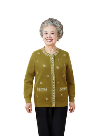 Cardigan jacquard tricotat, material lână amestec, imprimeu plante-flori, croială lejeră, guler rotund