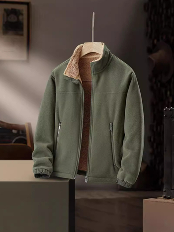 Geacă de iarnă din polar pentru bărbați, guler înalt, fermoar, țesătură exterioară groasă din amestec de fibre chimice, căptușeală 100% poliester, buzunare laterale