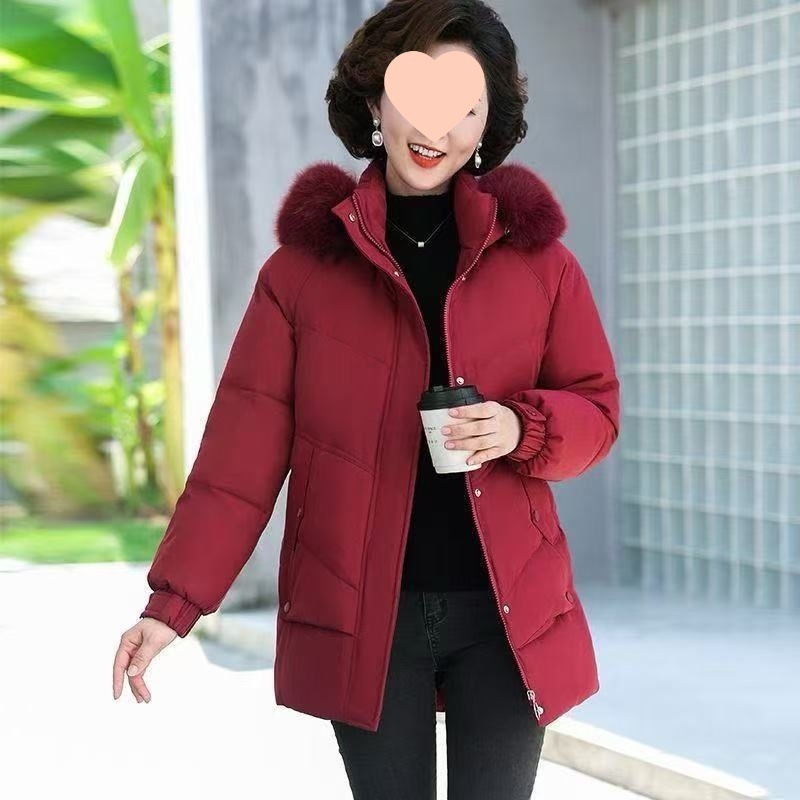 Geacă de puf pentru femei J5C – lungime medie, groasă, guler înalt, conținut puf 50%, umplere: puf alb de rață