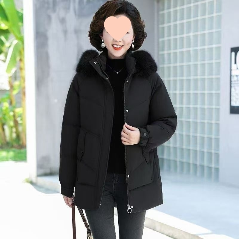 Geacă de puf pentru femei J5C – lungime medie, groasă, guler înalt, conținut puf 50%, umplere: puf alb de rață