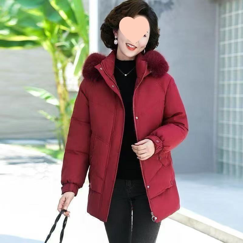 Geacă de puf pentru femei J5C – lungime medie, groasă, guler înalt, conținut puf 50%, umplere: puf alb de rață