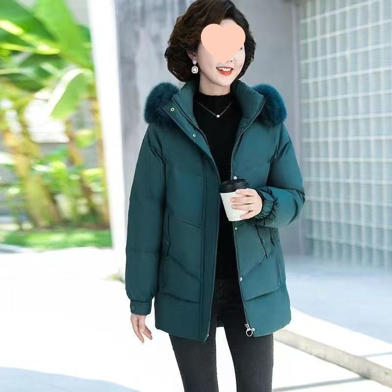 Geacă de puf pentru femei J5C – lungime medie, groasă, guler înalt, conținut puf 50%, umplere: puf alb de rață