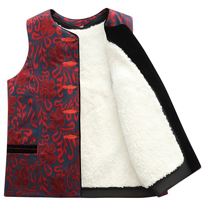 Žiemos vilnonė liemenė su įmontuota kailiena vidutinio amžiaus ir vyresnėms moterims, pagrindinis audinys PVC, antrasis audinys Kitas 30–50%, Kinijos stilius, literatūrinis retro, pavasaris 2025