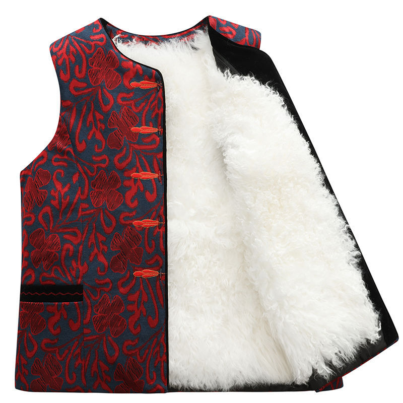 Žiemos vilnonė liemenė su įmontuota kailiena vidutinio amžiaus ir vyresnėms moterims, pagrindinis audinys PVC, antrasis audinys Kitas 30–50%, Kinijos stilius, literatūrinis retro, pavasaris 2025