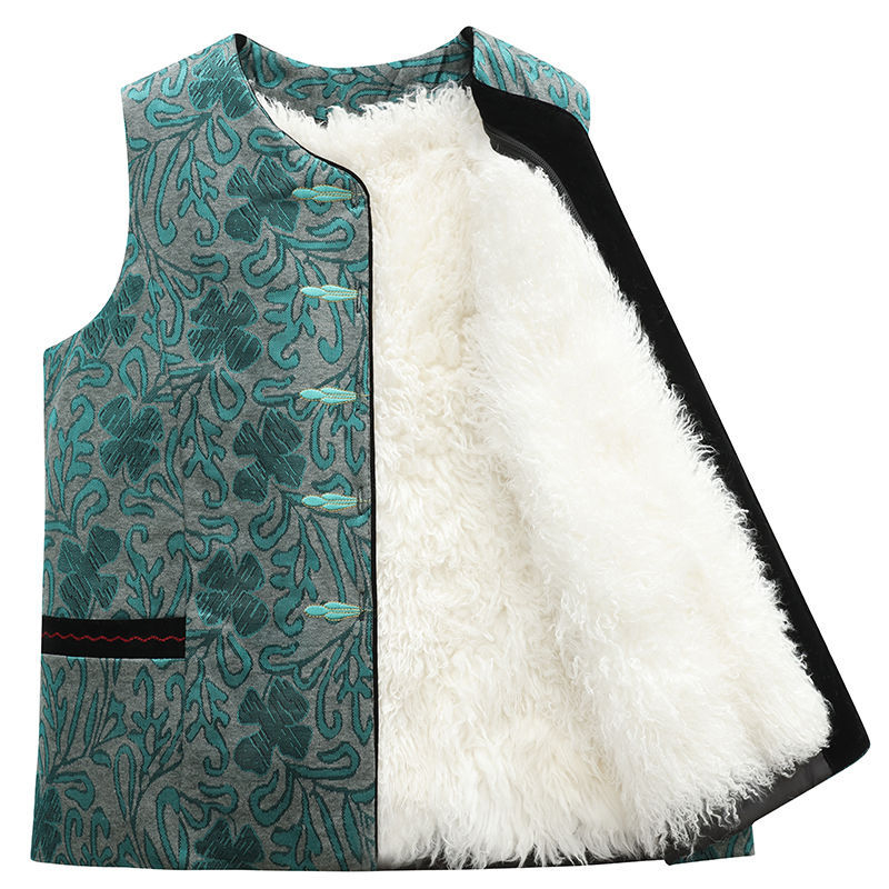 Žiemos vilnonė liemenė su įmontuota kailiena vidutinio amžiaus ir vyresnėms moterims, pagrindinis audinys PVC, antrasis audinys Kitas 30–50%, Kinijos stilius, literatūrinis retro, pavasaris 2025