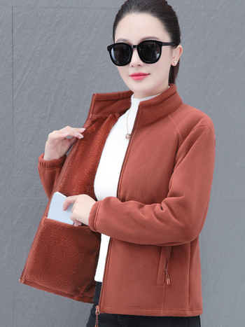 Дамски жакет с двойно лицево поларено покритие, есенно-зимна мода, свободна кройка, стояща яка, цип, дълги ръкави, средна дължина 50–65 см, едноцветен