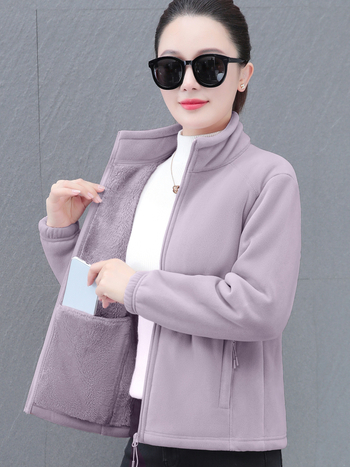 Дамски жакет с двойно лицево поларено покритие, есенно-зимна мода, свободна кройка, стояща яка, цип, дълги ръкави, средна дължина 50–65 см, едноцветен