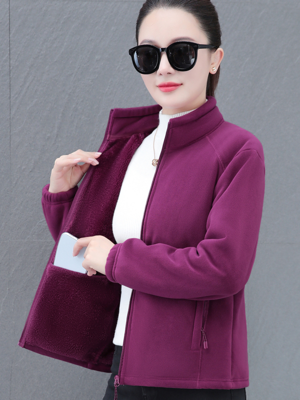 Дамски жакет с двойно лицево поларено покритие, есенно-зимна мода, свободна кройка, стояща яка, цип, дълги ръкави, средна дължина 50–65 см, едноцветен