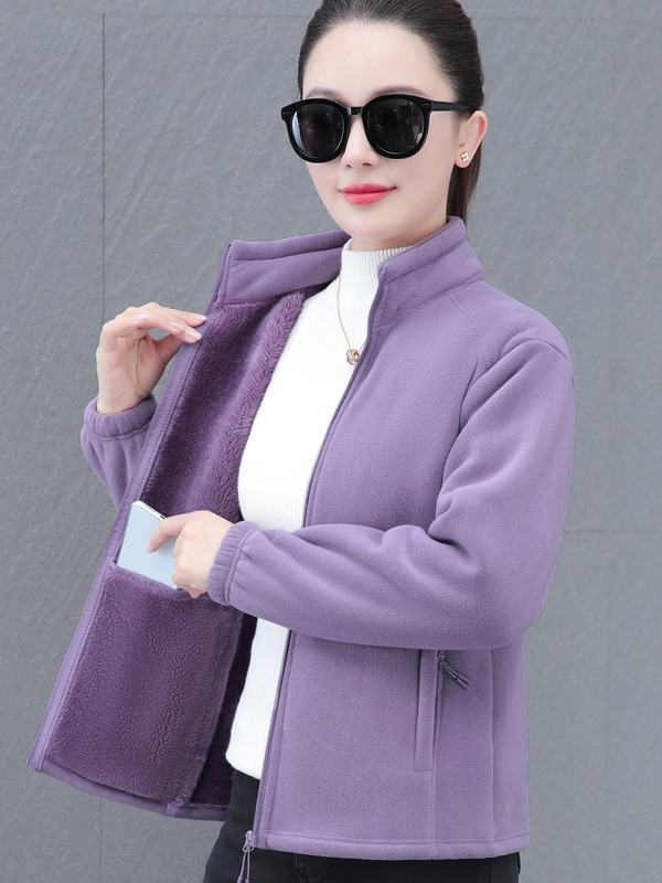 Дамски жакет с двойно лицево поларено покритие, есенно-зимна мода, свободна кройка, стояща яка, цип, дълги ръкави, средна дължина 50–65 см, едноцветен