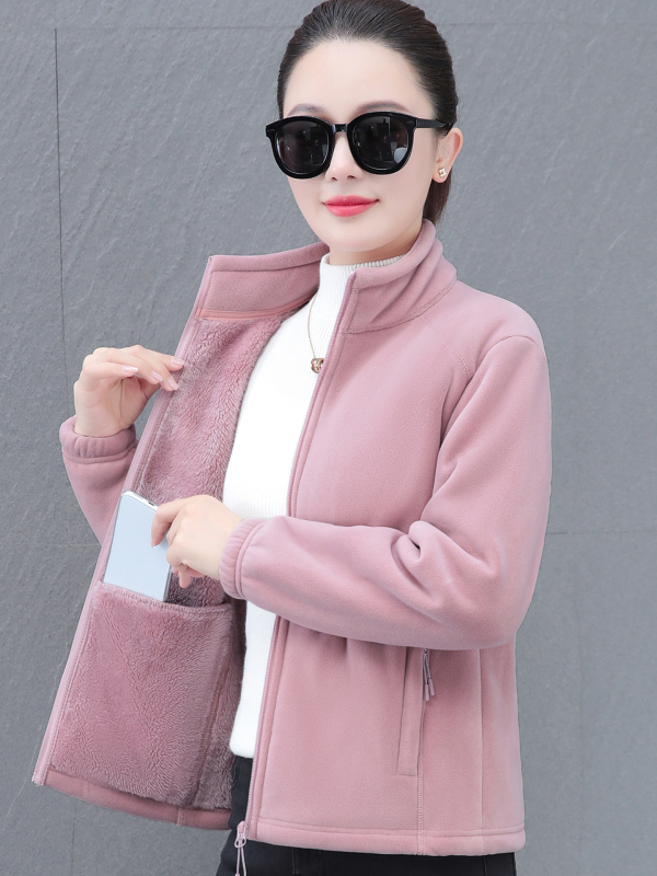 Дамски жакет с двойно лицево поларено покритие, есенно-зимна мода, свободна кройка, стояща яка, цип, дълги ръкави, средна дължина 50–65 см, едноцветен