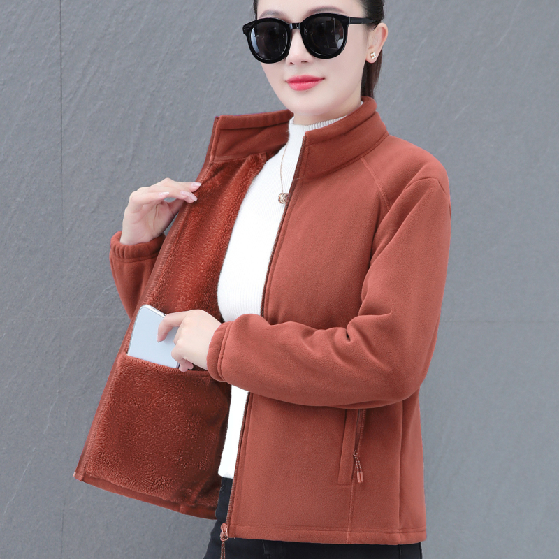 Дамски жакет с двойно лицево поларено покритие, есенно-зимна мода, свободна кройка, стояща яка, цип, дълги ръкави, средна дължина 50–65 см, едноцветен