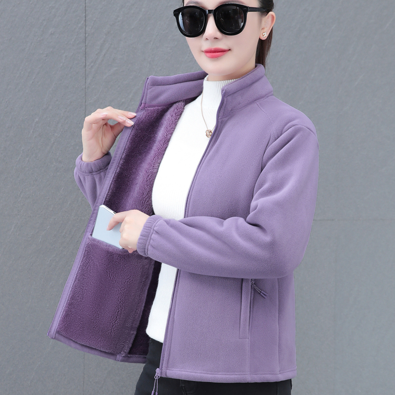 Дамски жакет с двойно лицево поларено покритие, есенно-зимна мода, свободна кройка, стояща яка, цип, дълги ръкави, средна дължина 50–65 см, едноцветен