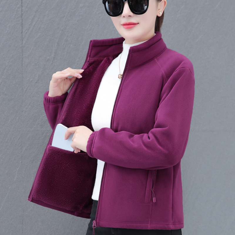 Дамски жакет с двойно лицево поларено покритие, есенно-зимна мода, свободна кройка, стояща яка, цип, дълги ръкави, средна дължина 50–65 см, едноцветен