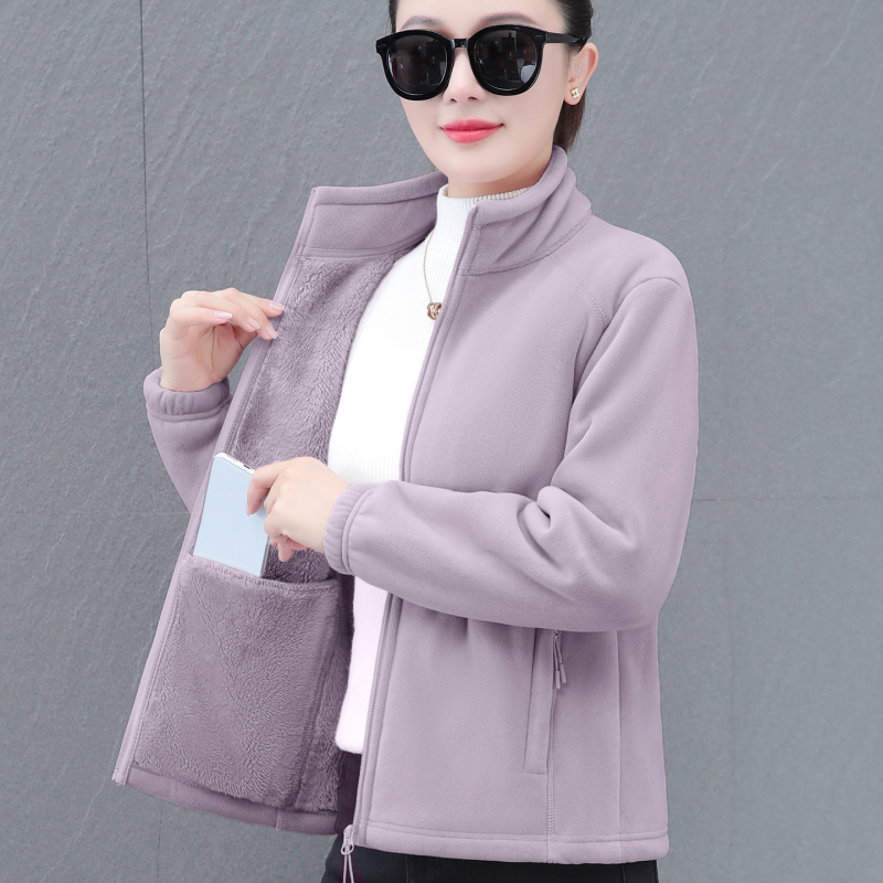 Дамски жакет с двойно лицево поларено покритие, есенно-зимна мода, свободна кройка, стояща яка, цип, дълги ръкави, средна дължина 50–65 см, едноцветен