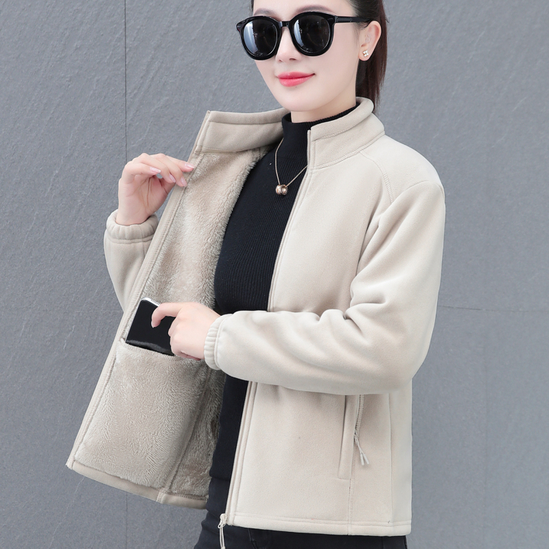 Дамски жакет с двойно лицево поларено покритие, есенно-зимна мода, свободна кройка, стояща яка, цип, дълги ръкави, средна дължина 50–65 см, едноцветен