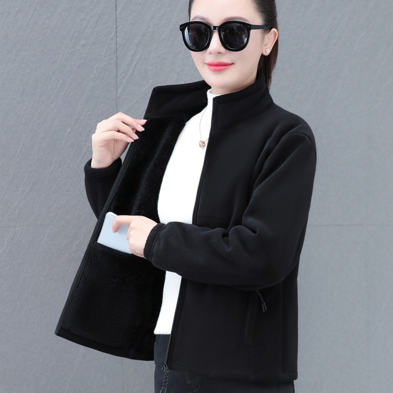 Дамски жакет с двойно лицево поларено покритие, есенно-зимна мода, свободна кройка, стояща яка, цип, дълги ръкави, средна дължина 50–65 см, едноцветен