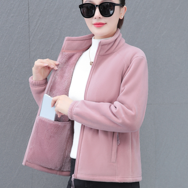 Дамски жакет с двойно лицево поларено покритие, есенно-зимна мода, свободна кройка, стояща яка, цип, дълги ръкави, средна дължина 50–65 см, едноцветен