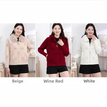 Megztas miesto paltas su dirbtinės minkso kailio apykakle, užtrauktuku, gėlių raštu, poliesterio audinys