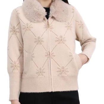 Megztas miesto paltas su dirbtinės minkso kailio apykakle, užtrauktuku, gėlių raštu, poliesterio audinys