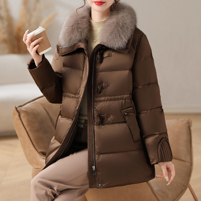 Pehelydzseki róka szőrrel (kivehető), téli 2024, vastag szigetelés, fehér kacsa tolltöltet, bő szabás