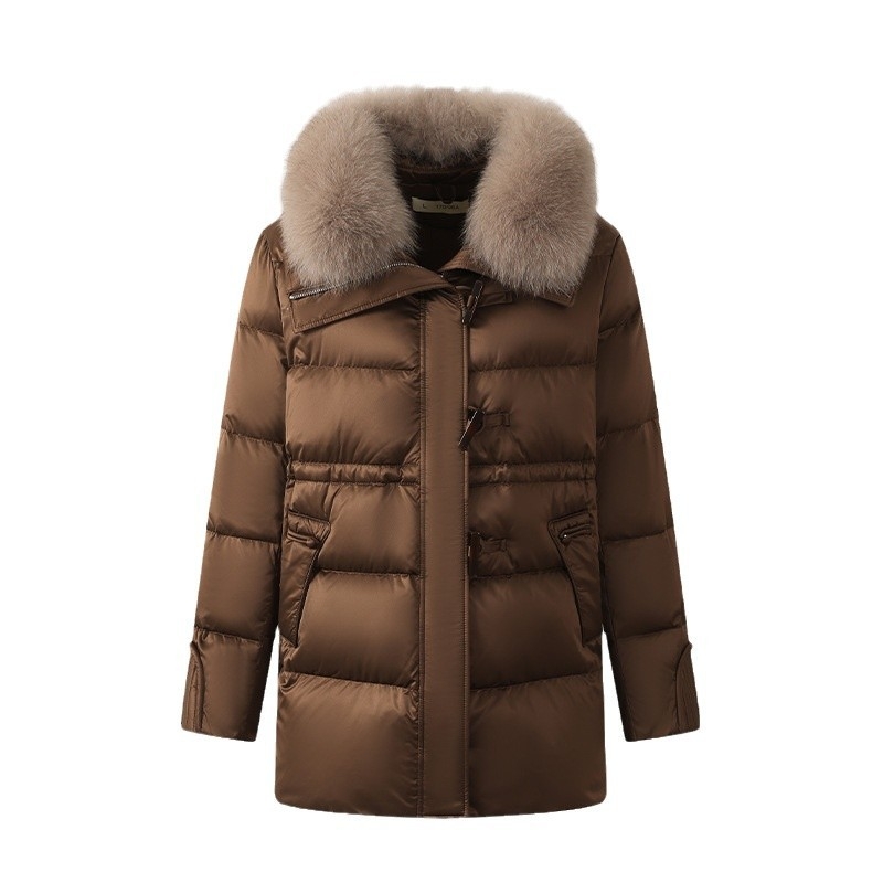 Pehelydzseki róka szőrrel (kivehető), téli 2024, vastag szigetelés, fehér kacsa tolltöltet, bő szabás