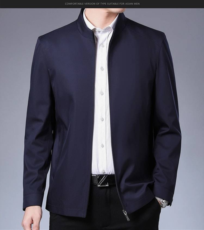 Sacou minimalist pentru bărbați, cu rever și fermoar, croială lejeră, poliester subțire, pentru primăvară-toamnă