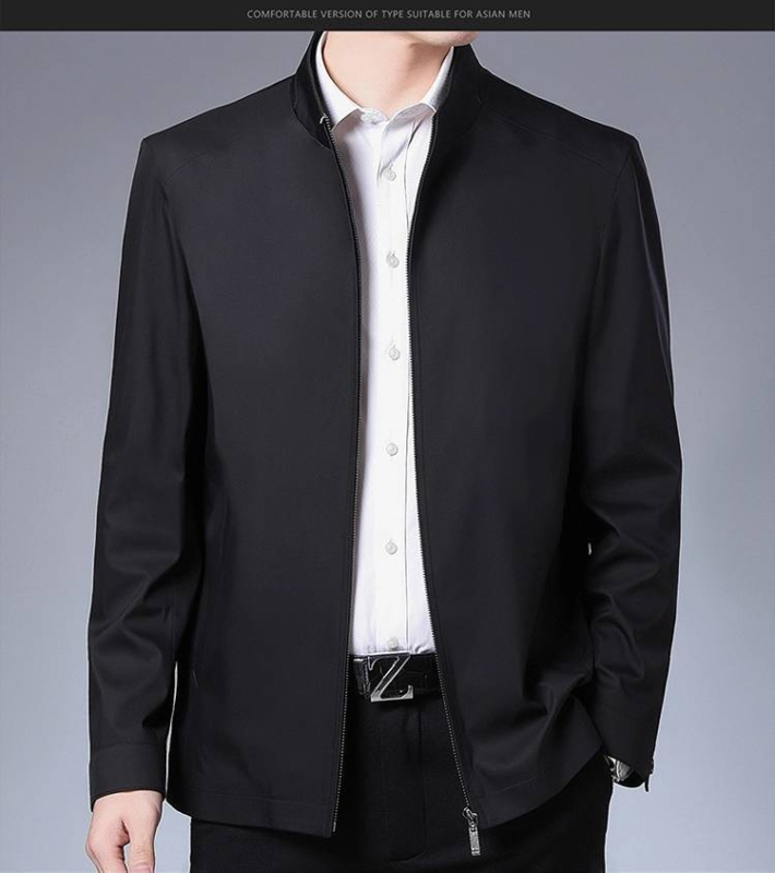 Sacou minimalist pentru bărbați, cu rever și fermoar, croială lejeră, poliester subțire, pentru primăvară-toamnă