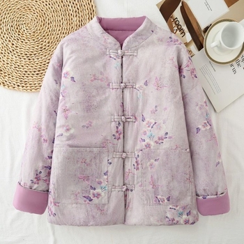 Palton din bumbac pentru femei, croială lejeră, stil etnic, retro literar, guler înalt, închidere cu nasturi pe un rând, umplut cu bumbac, pentru iarna 2025