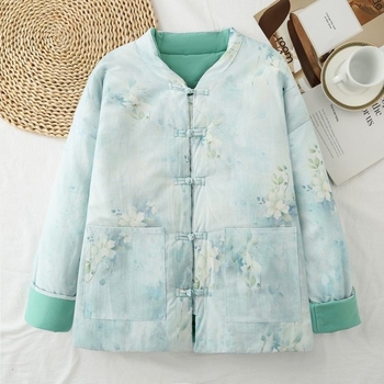 Palton din bumbac pentru femei, croială lejeră, stil etnic, retro literar, guler înalt, închidere cu nasturi pe un rând, umplut cu bumbac, pentru iarna 2025