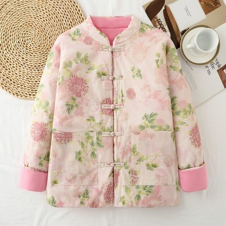 Palton din bumbac pentru femei, croială lejeră, stil etnic, retro literar, guler înalt, închidere cu nasturi pe un rând, umplut cu bumbac, pentru iarna 2025