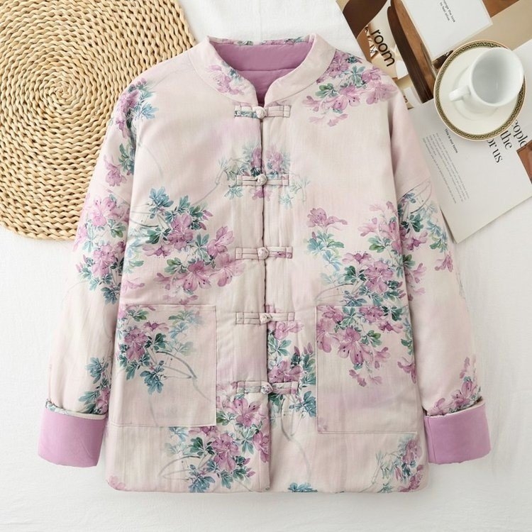 Palton din bumbac pentru femei, croială lejeră, stil etnic, retro literar, guler înalt, închidere cu nasturi pe un rând, umplut cu bumbac, pentru iarna 2025