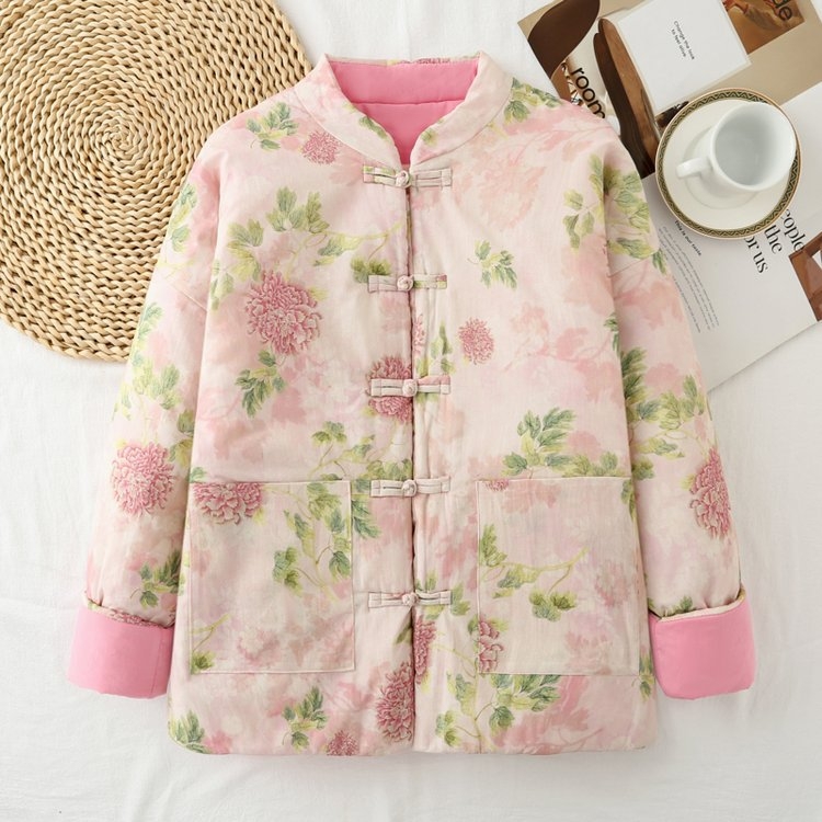 Palton din bumbac pentru femei, croială lejeră, stil etnic, retro literar, guler înalt, închidere cu nasturi pe un rând, umplut cu bumbac, pentru iarna 2025