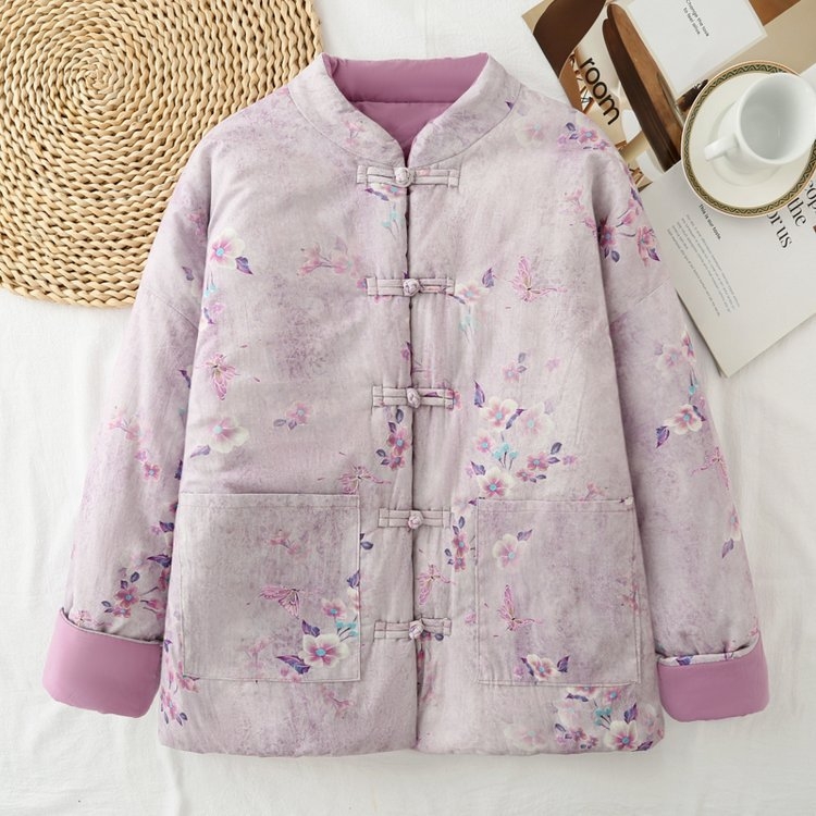 Palton din bumbac pentru femei, croială lejeră, stil etnic, retro literar, guler înalt, închidere cu nasturi pe un rând, umplut cu bumbac, pentru iarna 2025