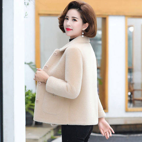 Umjetni kaput od umjetne ovčje kože, zapadni stil, dugi rukavi, rever gol, poliester tkanina, duljina 50–65 cm