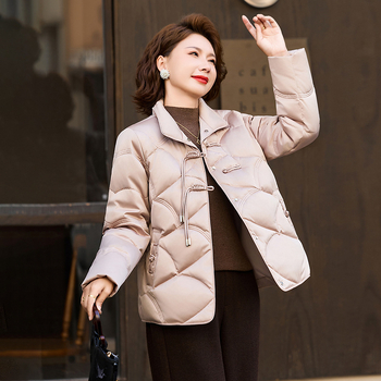 Geacă de iarnă pentru femei, stil chinezesc, cu glugă, grosime medie, umplutură din puf de rață alb, conținut puf 96%+, material microfibră