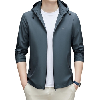 Jachetă de bărbați cu glugă, guler înalt, fermoar frontal, material ușor pentru primăvară și toamnă