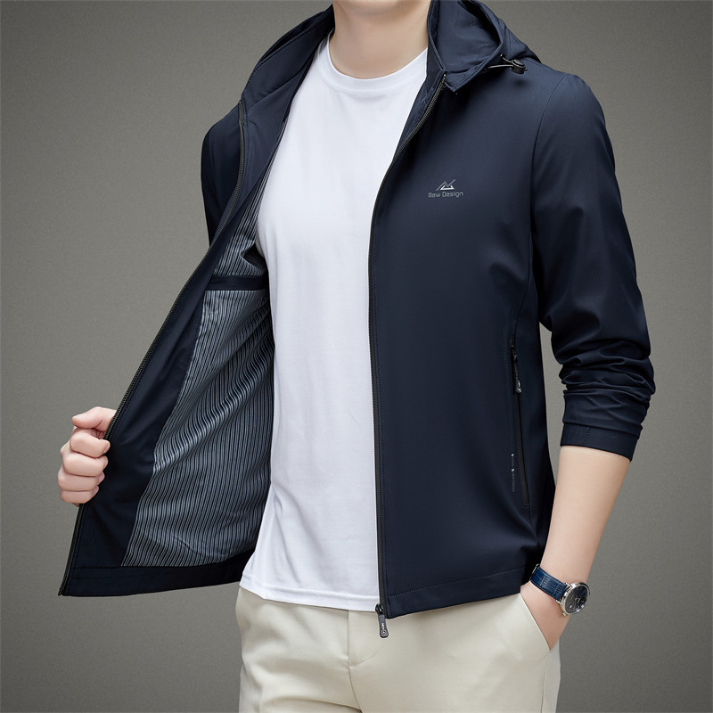 Jachetă de bărbați cu glugă, guler înalt, fermoar frontal, material ușor pentru primăvară și toamnă