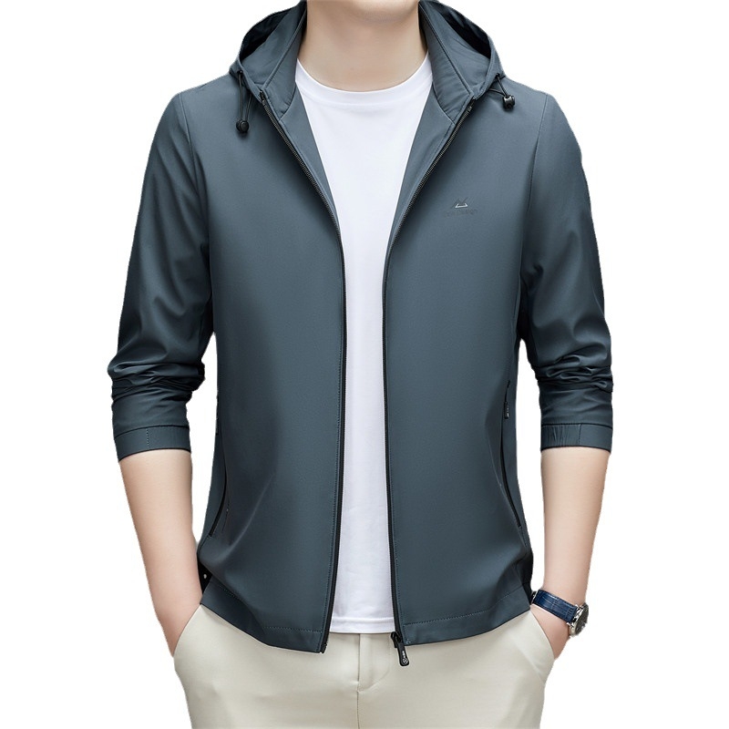 Jachetă de bărbați cu glugă, guler înalt, fermoar frontal, material ușor pentru primăvară și toamnă