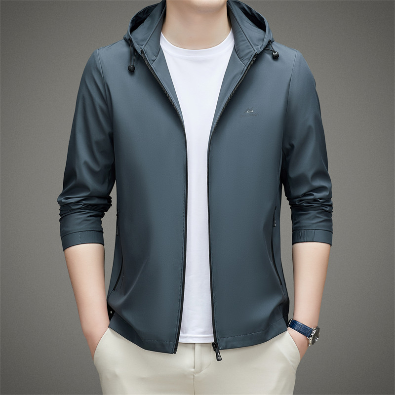 Jachetă de bărbați cu glugă, guler înalt, fermoar frontal, material ușor pentru primăvară și toamnă