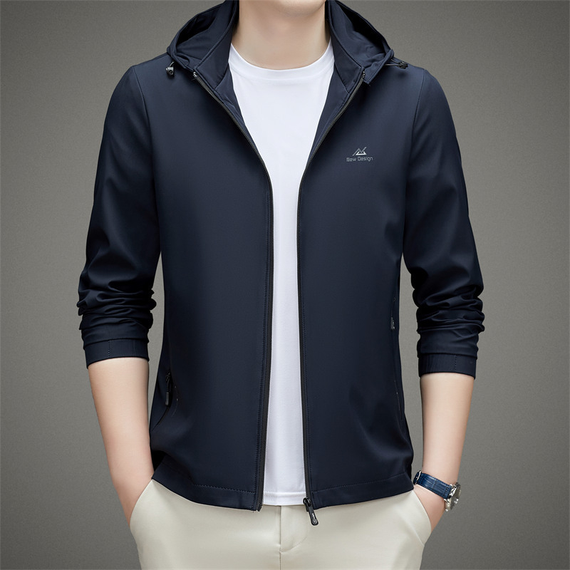 Jachetă de bărbați cu glugă, guler înalt, fermoar frontal, material ușor pentru primăvară și toamnă