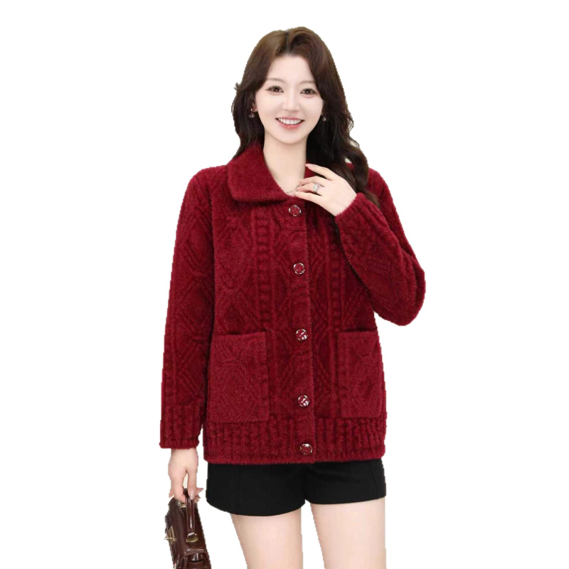 Megzta švarkas su imitacija norkos kailio, nailonas 50–70% ir poliesteris iki 30%, geometrinis raštas, kasdienio japonų‑korėjiečių stiliaus