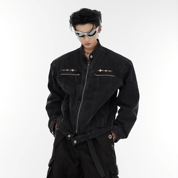 Geacă denim unisex – cu guler înalt, închidere cu fermoar, lungime scurtă, spălare vintage deconstruită