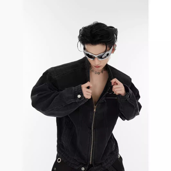 Geacă denim unisex – cu guler înalt, închidere cu fermoar, lungime scurtă, spălare vintage deconstruită