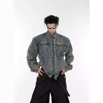 Geacă denim unisex – cu guler înalt, închidere cu fermoar, lungime scurtă, spălare vintage deconstruită