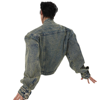 Geacă denim unisex – cu guler înalt, închidere cu fermoar, lungime scurtă, spălare vintage deconstruită