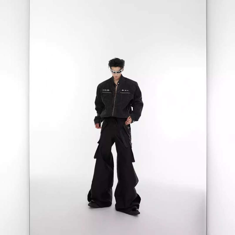 Geacă denim unisex – cu guler înalt, închidere cu fermoar, lungime scurtă, spălare vintage deconstruită