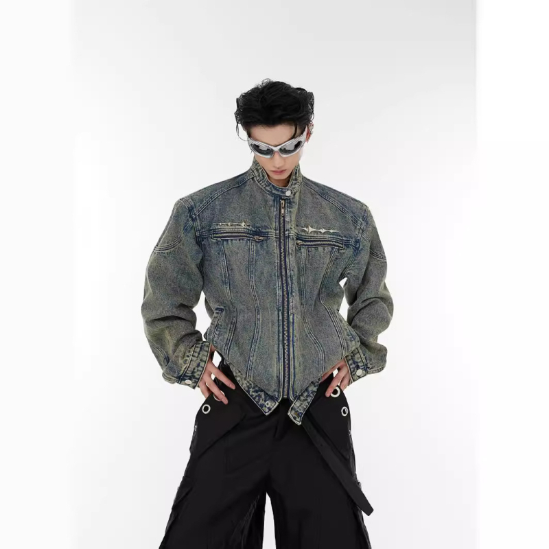 Geacă denim unisex – cu guler înalt, închidere cu fermoar, lungime scurtă, spălare vintage deconstruită